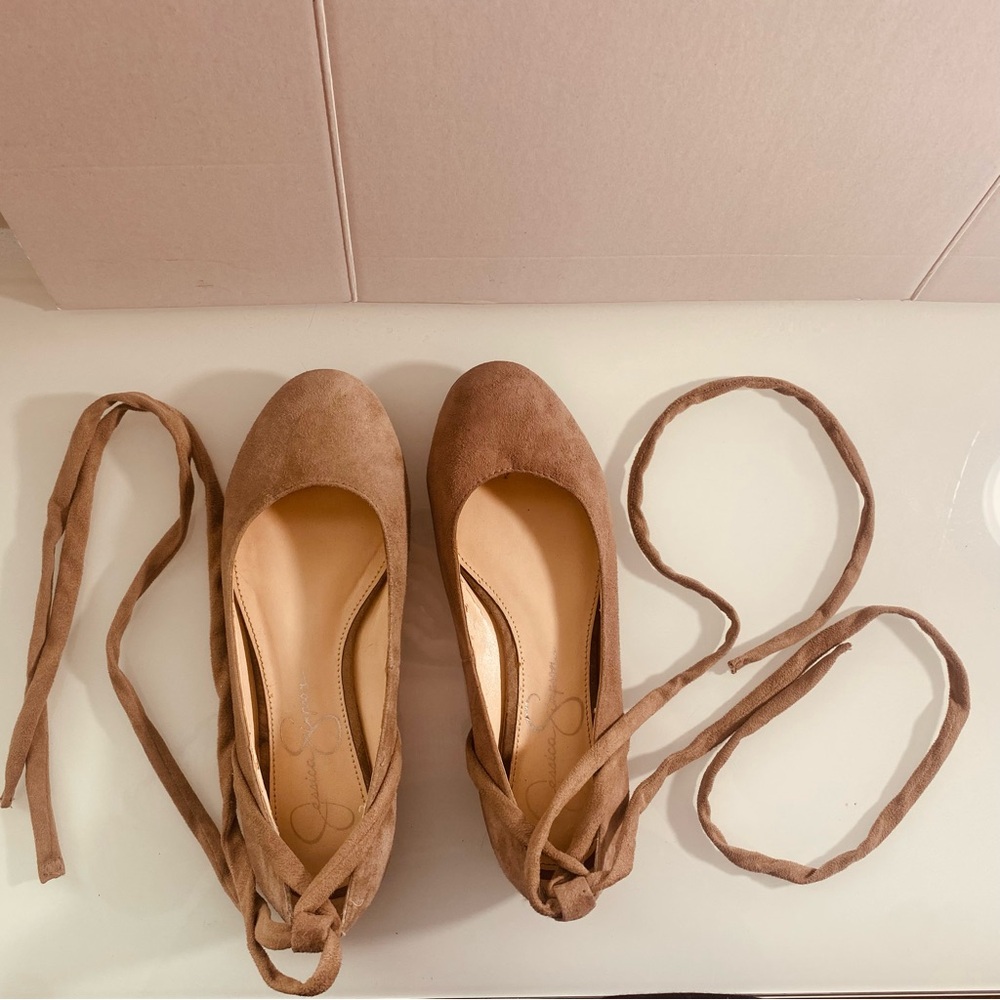 Jessica Simpson Tan Suede Ballet Flats Size 61/2M Straps Comfy Round Toe Ballet - Picture 8 of 12